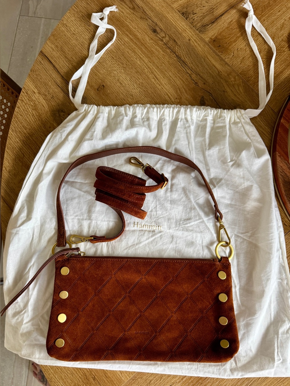 Hammitt Kyle Chocolate Diamond Suede Antique Gold Small Crossbody - Picture 10 of 15